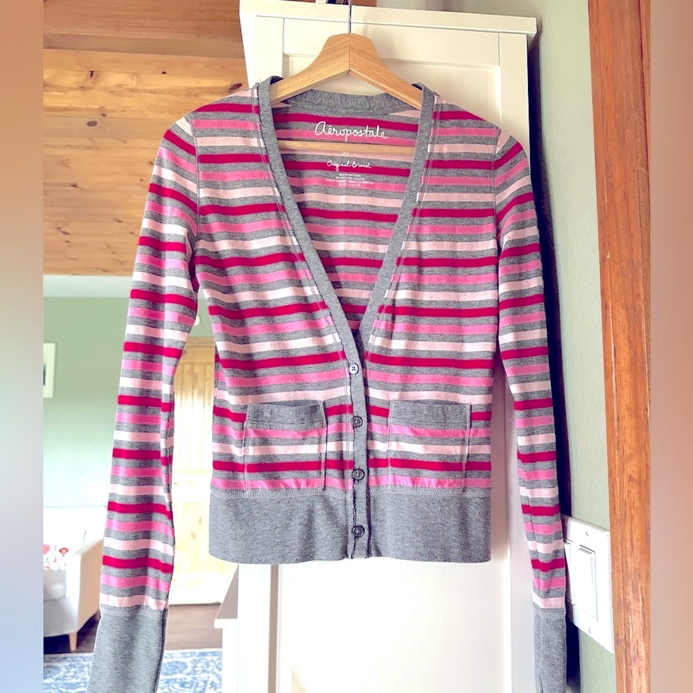 Aeropostale Striped V-Neck Cardigan Pink Gray Red SP - Picture 11 of 11